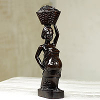 Ebony wood sculpture, 'Ahokeka' - Ebony Wood Sculpture of Akan Woman with Fruit Basket
