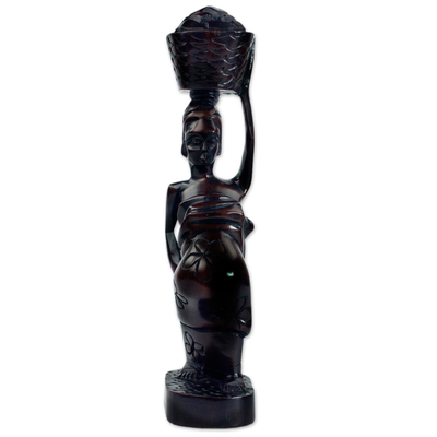 Ebony wood sculpture, 'Ahokeka' - Ebony Wood Sculpture of Akan Woman with Fruit Basket