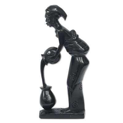 Estatuilla de madera de ébano - Estatuilla de madre e hijo tallada a mano en madera de ébano