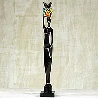 Ebony wood sculpture, 'Akatua' - Handmade Ghanaian Ebony Wood and Recycled Glass Sculpture