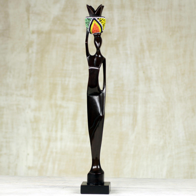 Ebony wood sculpture, 'Akatua' - Handmade Ghanaian Ebony Wood and Recycled Glass Sculpture