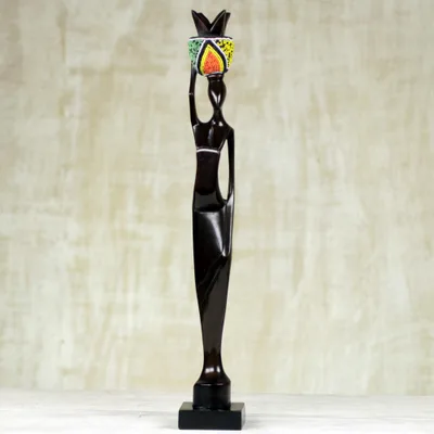 Ebony wood sculpture, 'Akatua' - Handmade Ghanaian Ebony Wood and Recycled Glass Sculpture