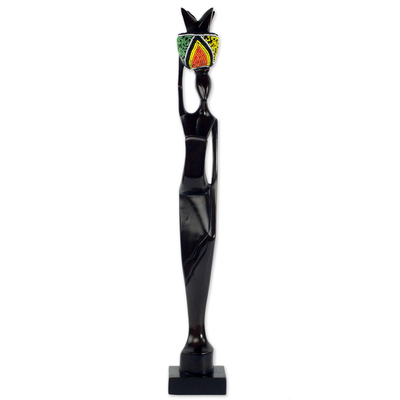 Handmade Ghanaian Ebony Wood and Recycled Glass Sculpture