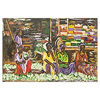 'Mujeres de repollo' - Pintura acrílica de mujeres del mercado africano vendiendo verduras