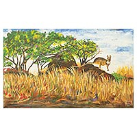 'Canguro de terrenos rocosos empinados' - Pintura acrílica africana de canguro en paisaje rocoso