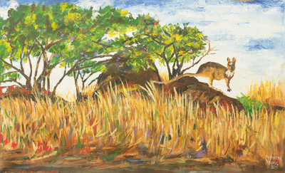 African Acrylic Painting of Kangaroo in Rocky Landscape