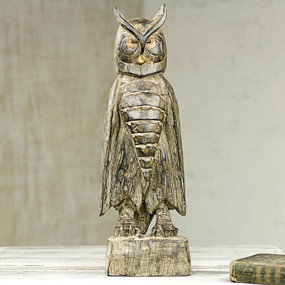 Wood sculpture, 'Stoic Owl' - Wooden Upright Owl Sculpture Hand Carved in Ghana
