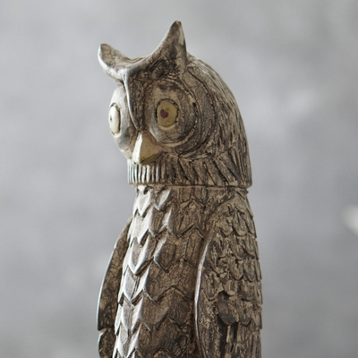 Wood sculpture, 'Watchful Owl' - Wooden Upright Owl Sculpture Hand Carved in Ghana