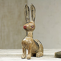 Wood sculpture, 'Springtime Rabbit' - West African Hand Carved Painted Wood Sculpture of Rabbit