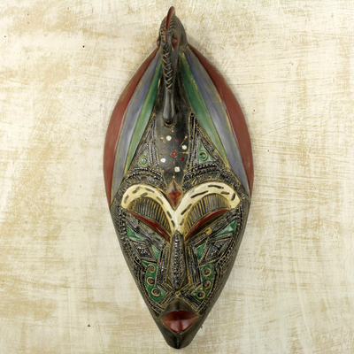 Máscara de madera africana, 'Anoma Kese' - Máscara de madera Sese de África Occidental tallada a mano con pájaro