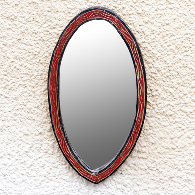 Wood wall mirror, 'Nkosua' - Hand Made Oval Shaped Wood Wall Mirror from West Africa