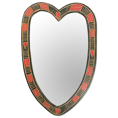 Wood wall mirror, 'Odo' - Hand Made Heart Shaped Wood Wall Mirror from West Africa
