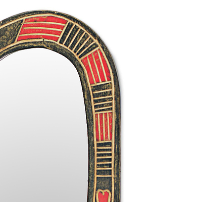 Wood wall mirror, 'Odo' - Hand Made Heart Shaped Wood Wall Mirror from West Africa