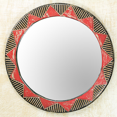 Wood wall mirror, 'Ga Moon' - Hand Made Circle Shaped Wood Wall Mirror from West Africa