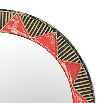 Wood wall mirror, 'Ga Moon' - Hand Made Circle Shaped Wood Wall Mirror from West Africa