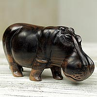 Wood sculpture, 'Majestic Hippo' - Hand Made Wood Hippopotamus Sculpture from Ghana