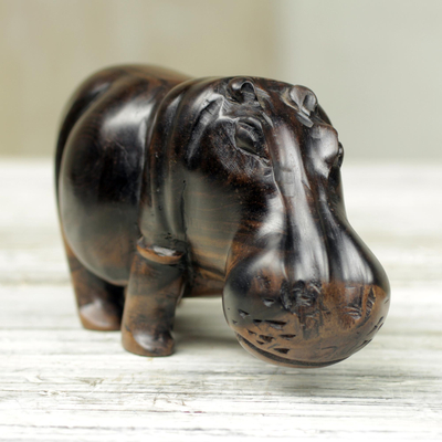 Wood sculpture, 'Majestic Hippo' - Hand Made Wood Hippopotamus Sculpture from Ghana