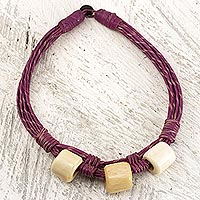 Leather and bone torsade necklace, 'Yembo Violet' - Plum Leather Artisan Crafted Torsade Necklace with Bone