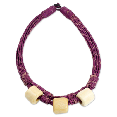 Plum Leather Artisan Crafted Torsade Necklace with Bone