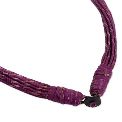 Leather and bone torsade necklace, 'Yembo Violet' - Plum Leather Artisan Crafted Torsade Necklace with Bone