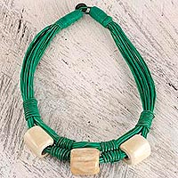 Leather and bone torsade necklace, 'Yembo Green'