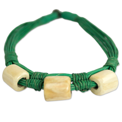 Leather and bone torsade necklace, 'Yembo Green' - Leather Artisan Crafted Green Necklace with Bone Squares