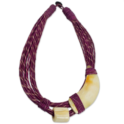 Torsade-Halskette aus Leder und Horn - Handgefertigte violette Halskette aus natürlichem Horn und Knochenleder