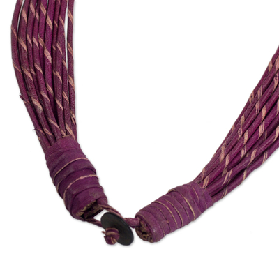Torsade-Halskette aus Leder und Horn - Handgefertigte violette Halskette aus natürlichem Horn und Knochenleder