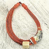 Leather and horn pendant necklace, 'Sougri Orange' - Horn and Bone Pendants on Recycled Beads Orange Necklace