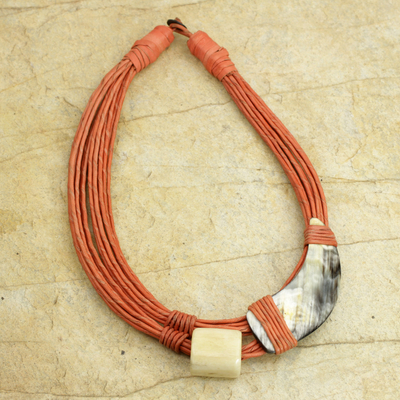 Leather and horn torsade necklace, 'Sougri Orange' - Horn and Bone Pendants on Recycled Beads Orange Necklace