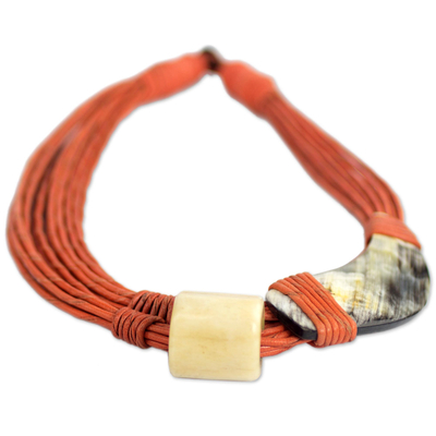 Leather and horn torsade necklace, 'Sougri Orange' - Horn and Bone Pendants on Recycled Beads Orange Necklace