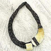 Leather and horn torsade necklace, 'Sougri Black' - Horn and Bone Pendants on Black Leather Necklace