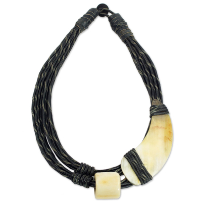 Leather and horn torsade necklace, 'Sougri Black' - Horn and Bone Pendants on Black Leather Necklace
