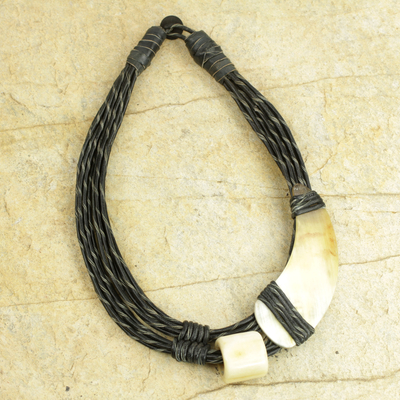 Leather and horn torsade necklace, 'Sougri Black' - Horn and Bone Pendants on Black Leather Necklace