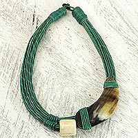 Leather and horn torsade necklace, 'Sougri Green'