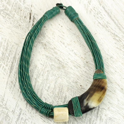 Leather and horn torsade necklace, 'Sougri Green' - Horn and Bone Recycled Beads Necklace Fair Trade Jewelry