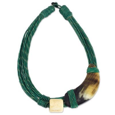 Leather and horn torsade necklace, 'Sougri Green' - Horn and Bone Recycled Beads Necklace Fair Trade Jewelry