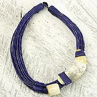 Leather and horn torsade necklace, 'Sougri Blue' - Horn and Bone Blue Recycled Beads Necklace African Jewellery