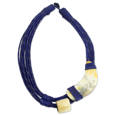 Leather and horn torsade necklace, 'Sougri Blue' - Horn and Bone Blue Recycled Beads Necklace African Jewellery
