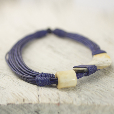 Leather and horn torsade necklace, 'Sougri Blue' - Horn and Bone Blue Recycled Beads Necklace African Jewelry
