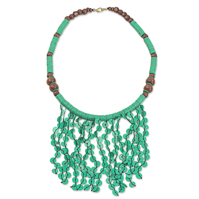 Beaded waterfall necklace, 'Green Taowre' - Green Recycled Plastic and Wood Artisan Crafted Necklace