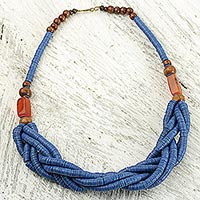 Braided bead necklace, 'Sosongo in Blue' - Blue Braided Beaded Necklace Fair Trade Jewelry from Africa