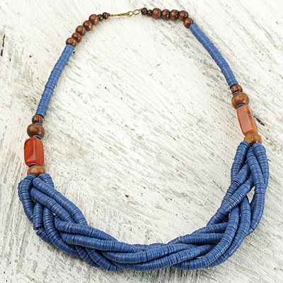 Braided bead necklace, Sosongo in Blue
