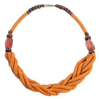 Handcrafted Orange Braided Bead Necklace with Wood and Agate