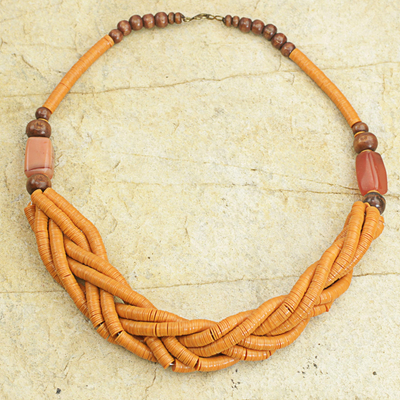 Braided bead necklace, 'Sosongo in Orange' - Handcrafted Orange Braided Bead Necklace with Wood and Agate