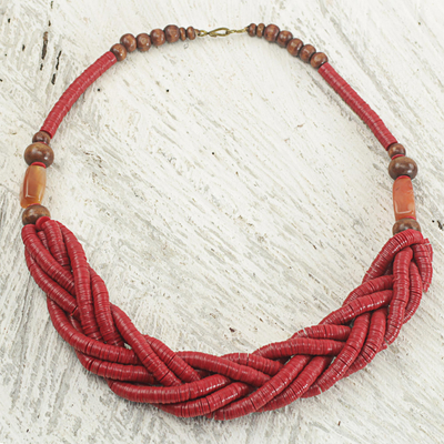 Braided bead necklace, 'Sosongo in Red' - Handcrafted Red Braided Bead Necklace with Wood and Agate