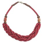 Braided bead necklace, 'Sosongo in Red' - Handcrafted Red Braided Bead Necklace with Wood and Agate