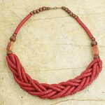 Braided bead necklace, 'Sosongo in Red' - Handcrafted Red Braided Bead Necklace with Wood and Agate