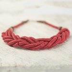 Braided bead necklace, 'Sosongo in Red' - Handcrafted Red Braided Bead Necklace with Wood and Agate