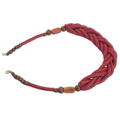Braided bead necklace, 'Sosongo in Red' - Handcrafted Red Braided Bead Necklace with Wood and Agate